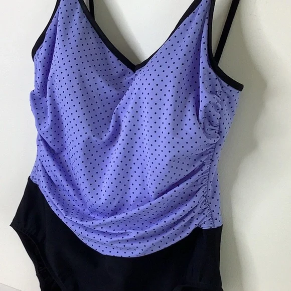 Trimshaper Purple and Black One Piece Polka Dot Swimsuit with V-Neckline - Picture 3 of 10